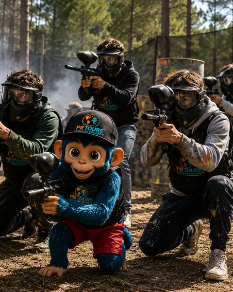 Jugadores de paintball con máscara junto a Uh-Uh, la mascota de PR Tours